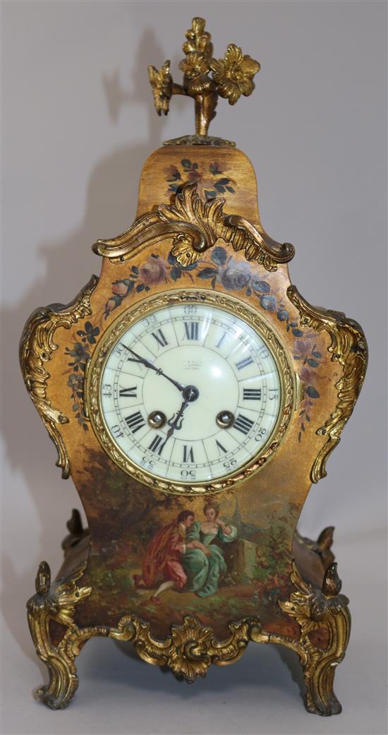 An early 20th century Vernis Martin style mantel clock, 16in.